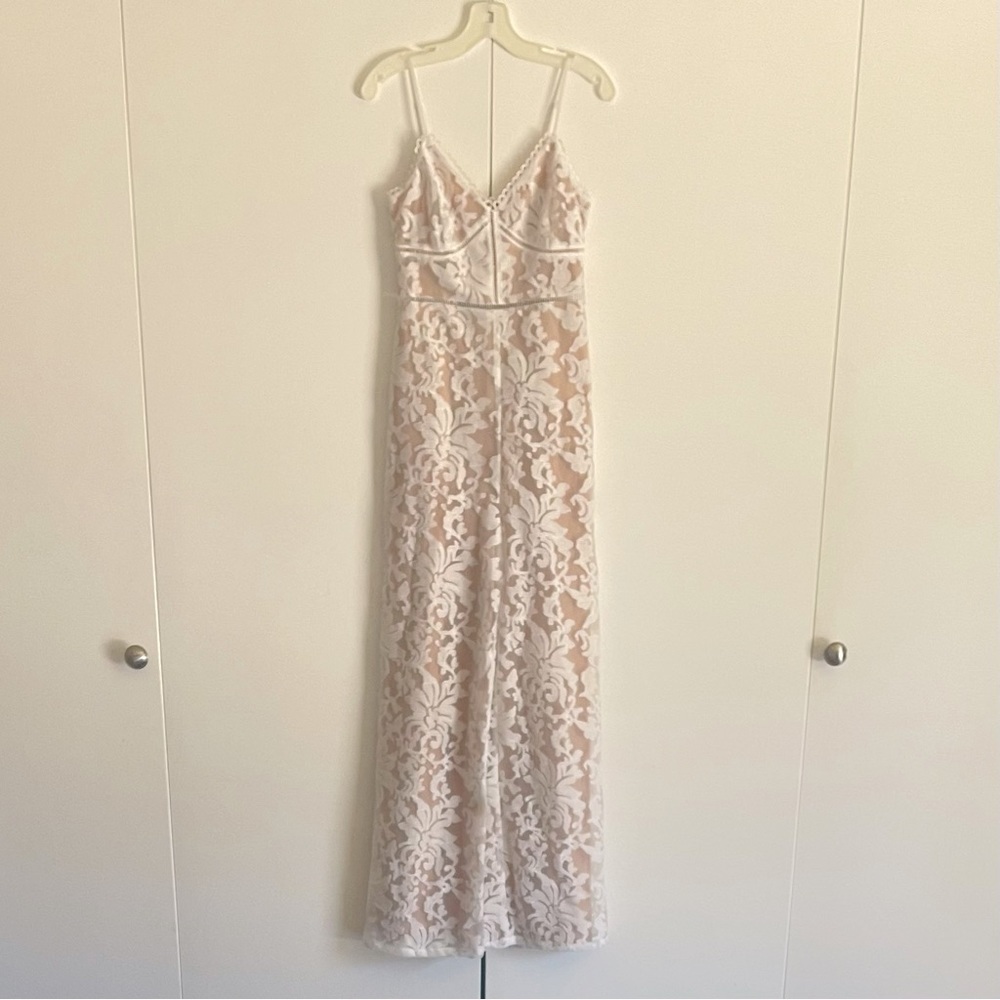 Lulu's White Lace Jumpsuit with Nude Lining
